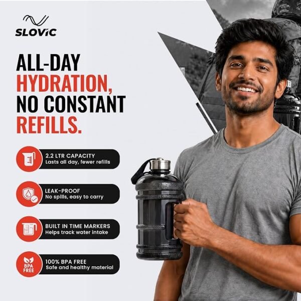SLOVIC Gallon Water Bottle 2 + Litre | Gym Motivational Sipper Water Bottle for Adults | 100% BPA Free & Leakproof | 2 Litre Sipper for Men & Women with Ergonomic Handle | Transparent | 2200 ML
